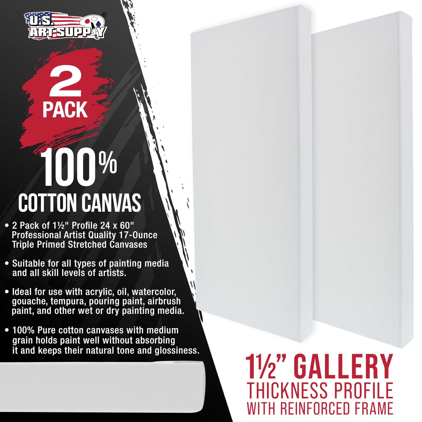 U.S. Art Supply X-Large Stretched Canvas for Painting 24x60 inch Gallery Depth 1-1/2" Thick, 2-Pack - 12oz Acrylic Gesso Triple Primed, Professional Artist Quality, 100% Cotton - Oil, Pouring Paint