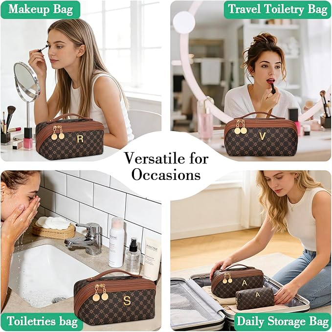 Birthday Gifts for Women Teen Girl, Personalized Initial Makeup Organizer Bag Set, Open Flat Travel Cosmetic Bag With Clear Divider and Handle(Coffee,L)