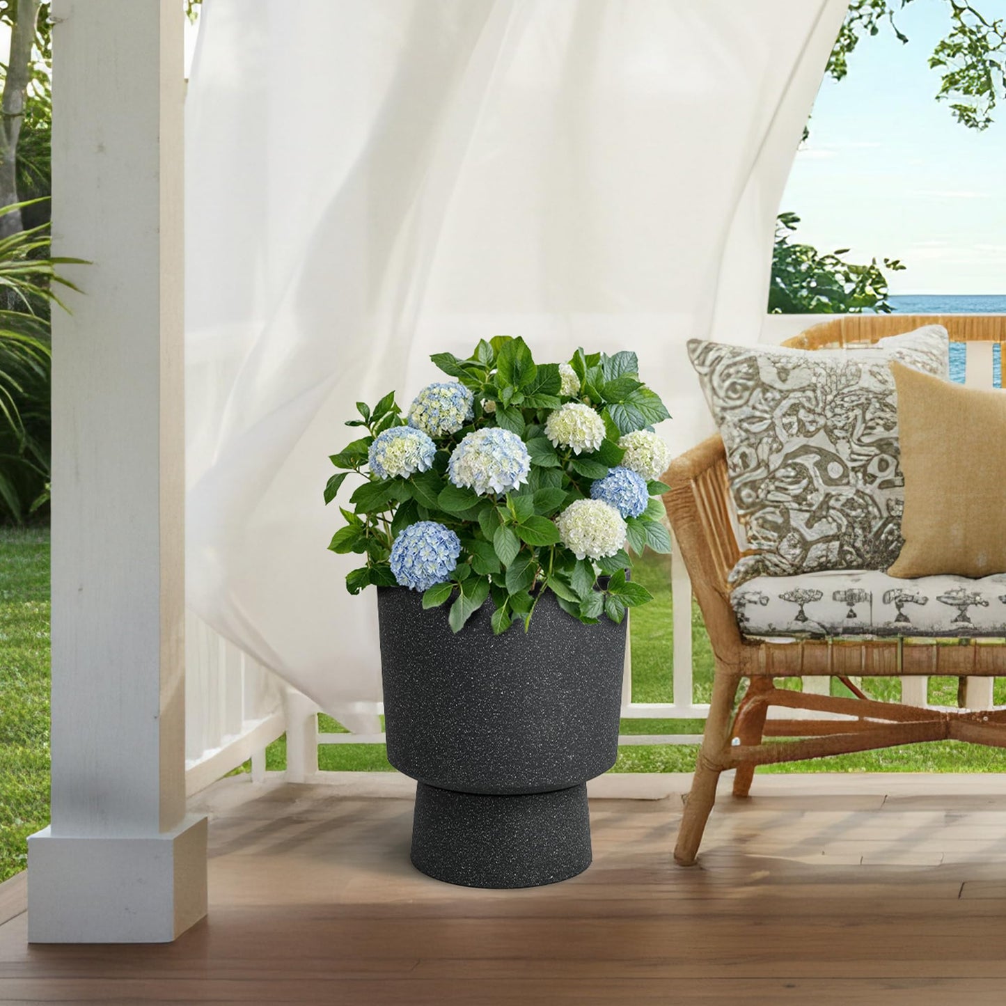 Autodaya 16.8" Modern Pedestal Planters Set of 2, Large Plastic Flower Pots with Terrazzo Finish, Drainage Hole & Weather Resistance for Indoor/Outdoor Garden Patio Balcony Decor