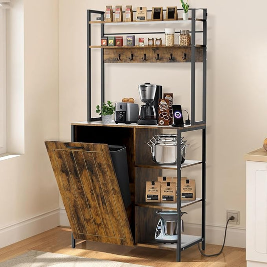 Kitchen Bakers Rack with Power Outlets, 63"H Microwave Oven Organizer with Tilt Out Trash Can Cabinet Storage Shelf 6 Tiers Coffee Bar Stand, Freestanding Pantry Hutch Rack with 6 Hooks (brown)