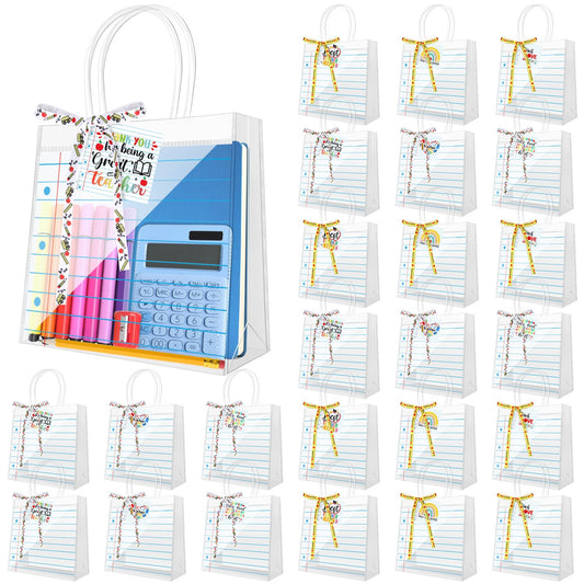 24 Sets Teacher Appreciation Gifts Bags Notebook Line Clear PVC Bags with Handle Thank You Tag Ribbon PVC Clear Candy Treat Goodies Tote Bags for Teachers' Day Classroom School Office Party Supplies