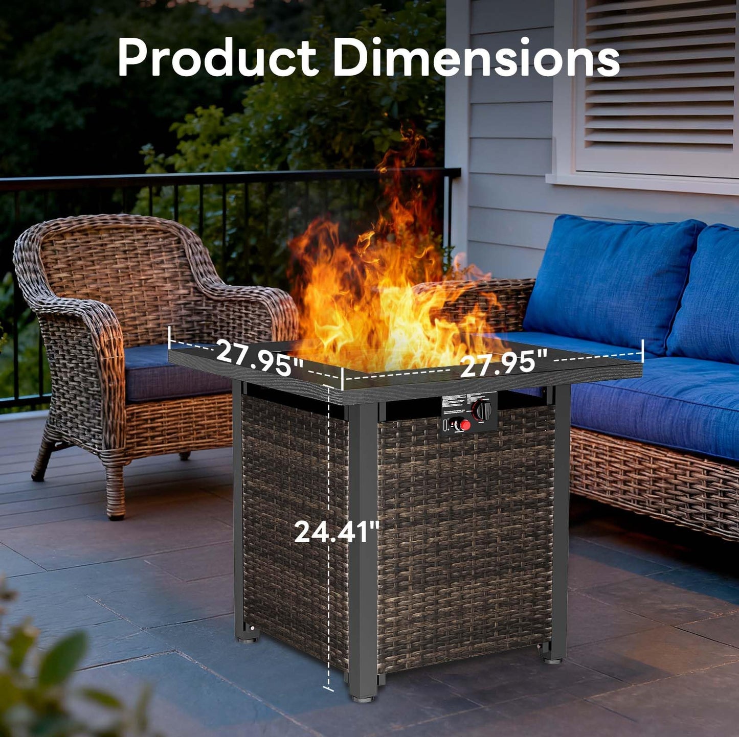 ZAFRO 28” Outdoor Fire Pit Table 50,000 BTU, 2-in-1 Rattan Propane Firepit Table with Glass Stones & Lid, Square Fire Table for Patio, Backyard, Deck, or Garden, Black