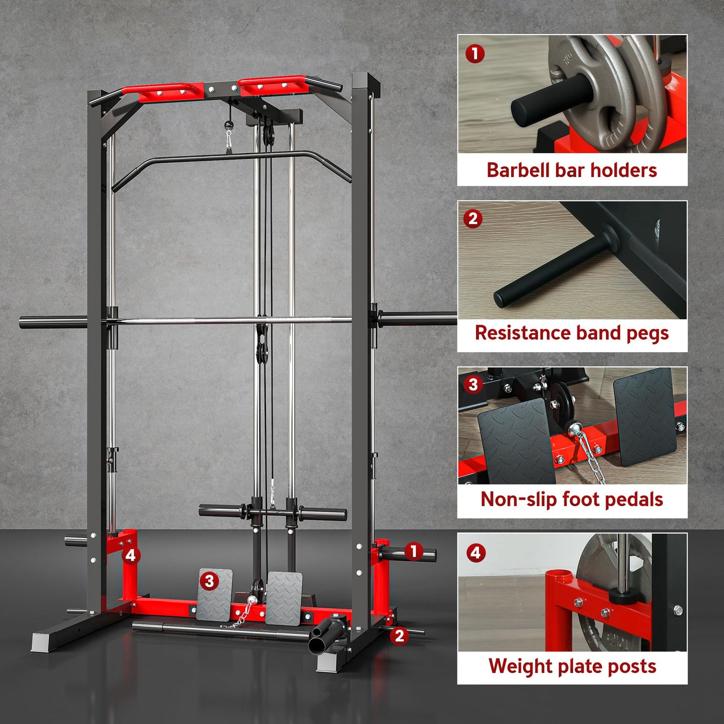 Soozier Power Cage Smith Machine, Multi-Function Power Rack with Pull Up Bar, LAT Pull Down System and Squat Rack, Barbell Bar, Plate Storage Posts, Landmine, for Home Gym