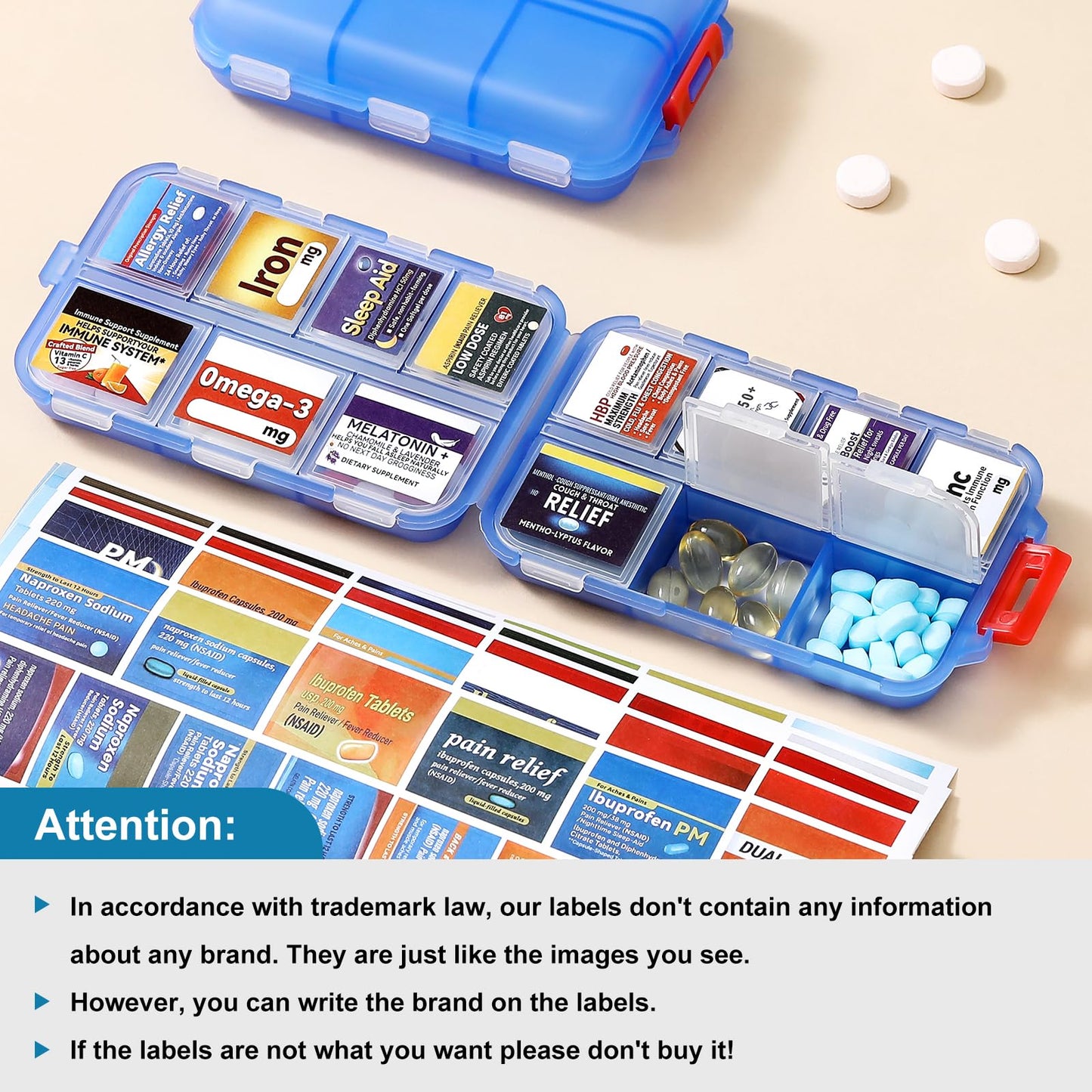 14 Grids Travel Pill Organizer Box with 415-Pcs Medicine Name Labels - Pocket Daily Pharmacy Case Container Kit - Travel Medication Holder Dispenser for Fish Oil Vitamin Supplement Storage -Clear Blue