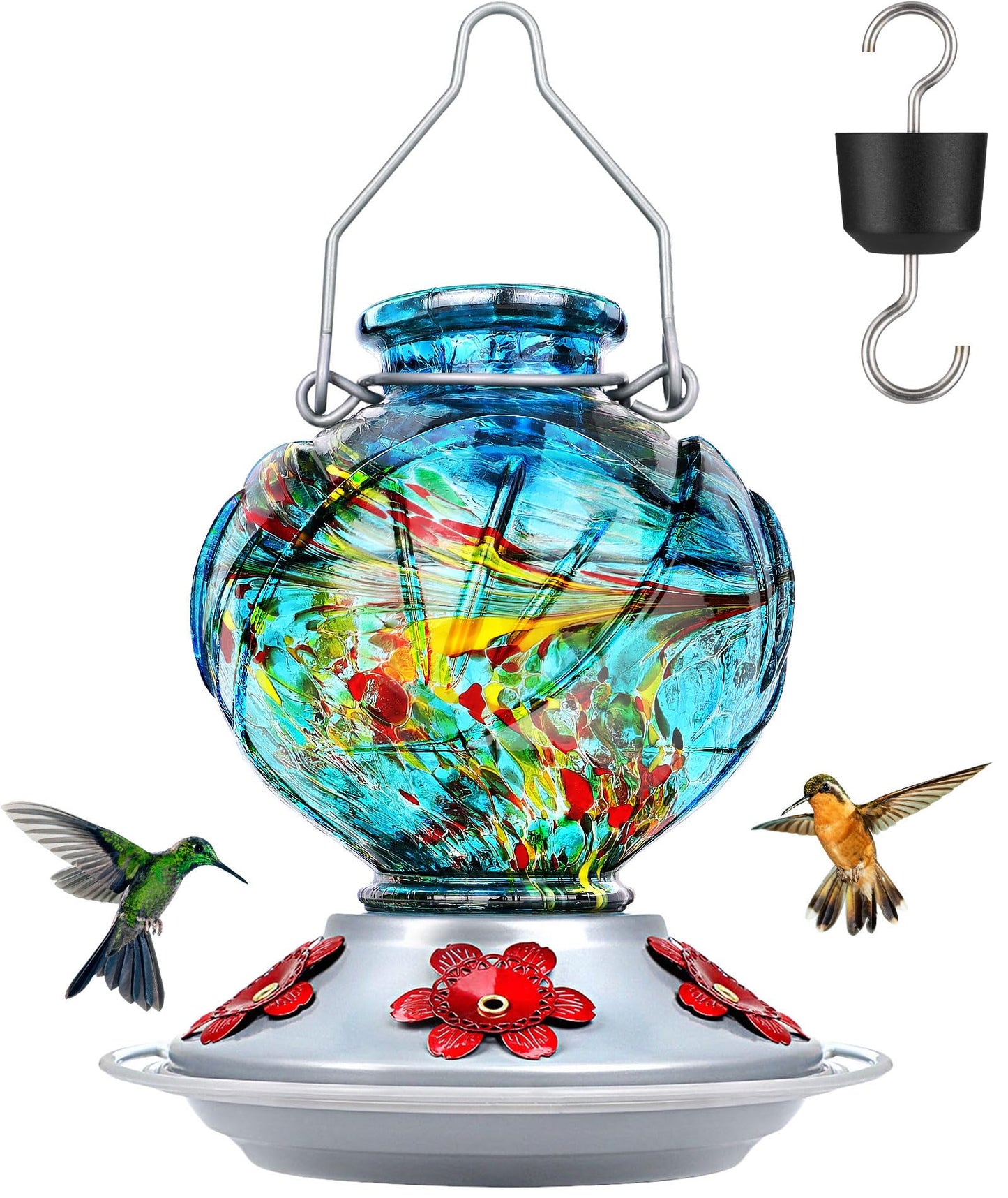 BOLITE Hummingbird Feeder, Hand Blown Glass Hummingbird Feeders for Outdoors Hanging, Ant Moat, 5 Bee-Proof Ports, Leak-Proof, 360Â° Perch, 22oz, Blue Peony Gifts for Women Men, Gifts for Mom Dad