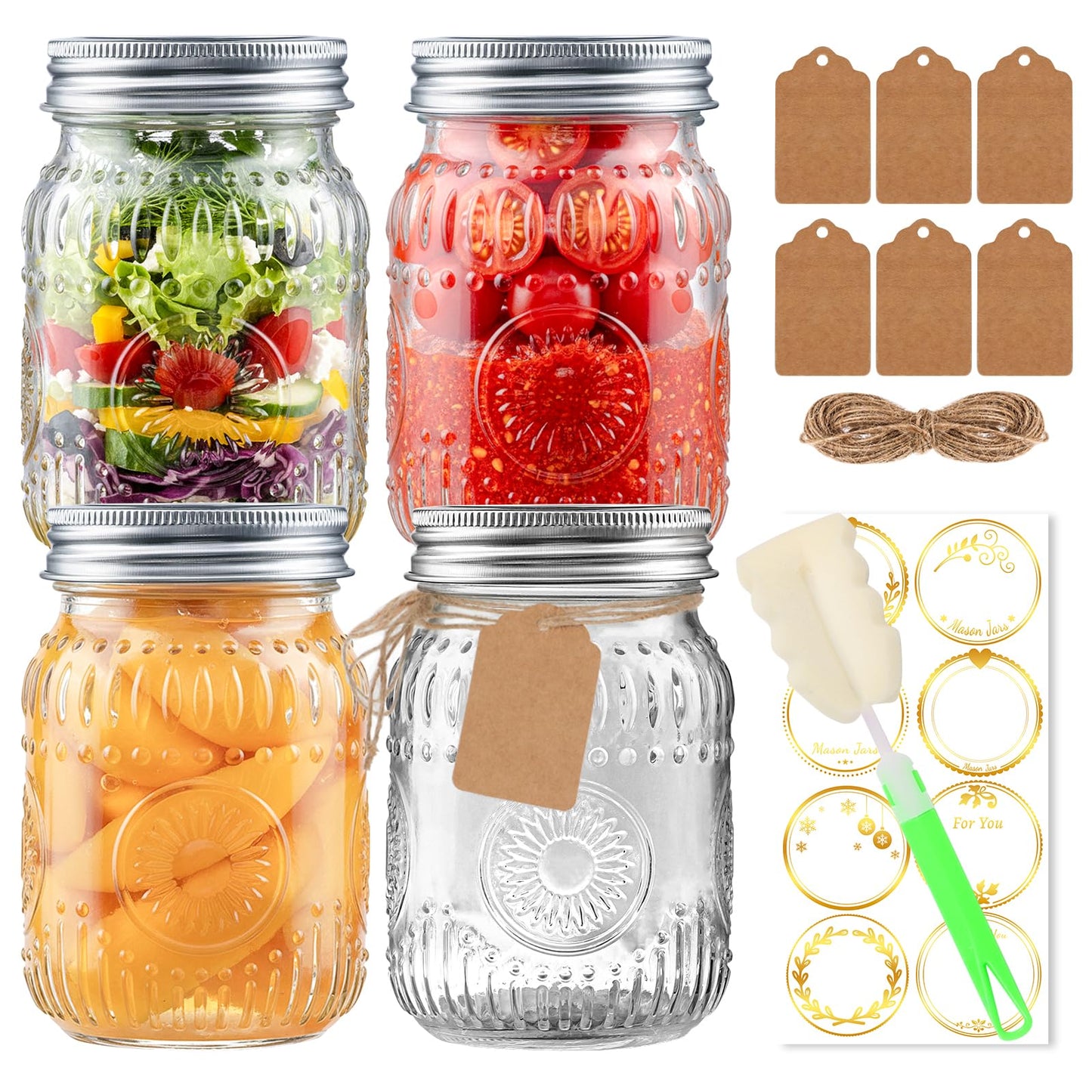 16oz Mason Jars with Airtight Rust-Proof 304 Stainless Steel Lids and Bands, 4 Pack with Elegant Sunflower Embossing, Pint Glass Jars for Meal Prep, Pickling, Overnight Oats, Dry Food & DIY Crafts