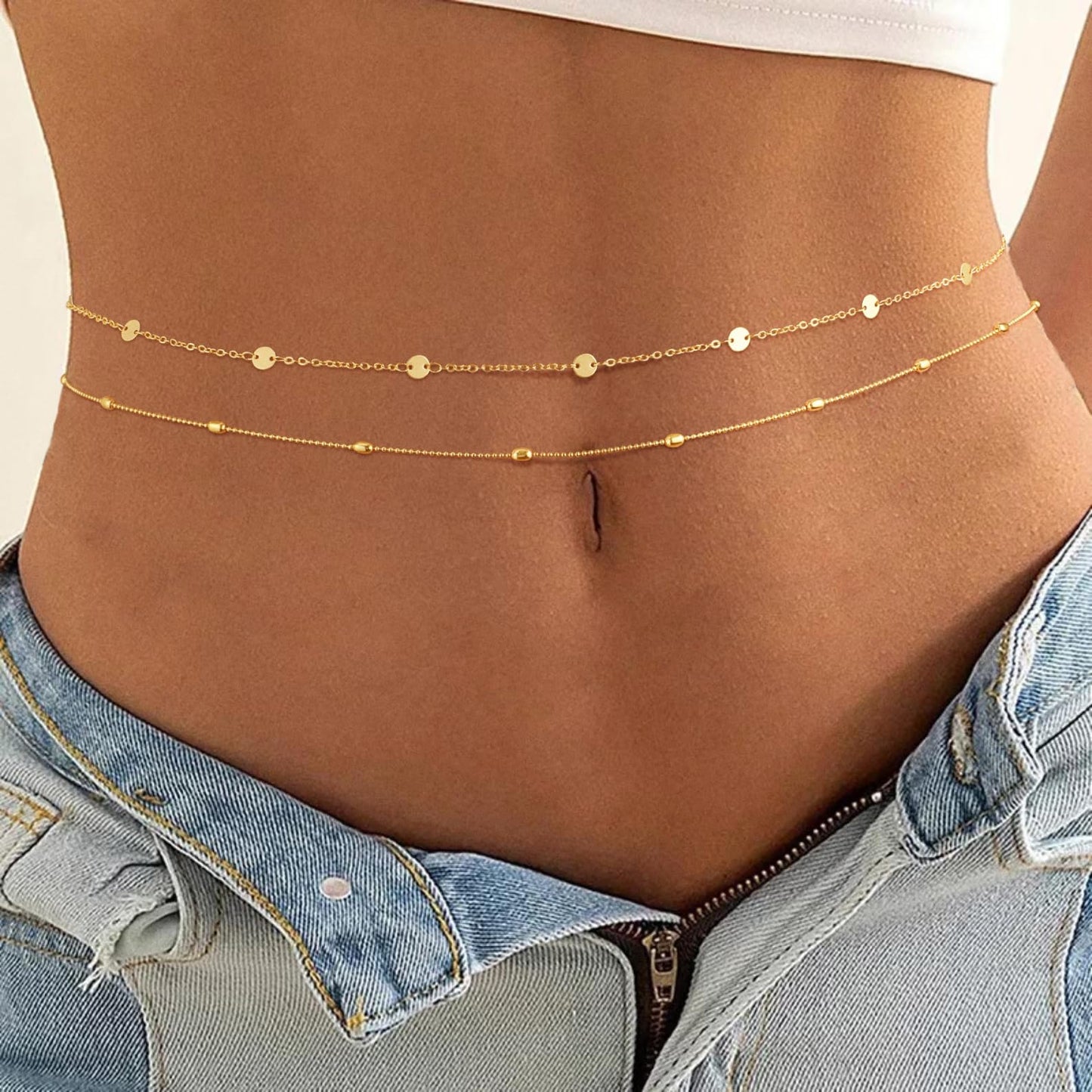 SUFOPE Gold Waist Chain for Women Dainty 14K Gold Plated Belly Chain Adjustable Layered Bikini Belly Beads for the Waist Waterproof Beach Accessories Body Chain Jewelry Gifts