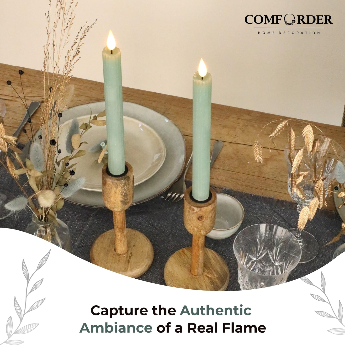 comforder Flameless Taper Candles – Flickering LED Flame with 6H Timer – Real Wax, Ribbed Design – Battery Operated Set of 2 – 10" Tall (Eucalyptus Green)"