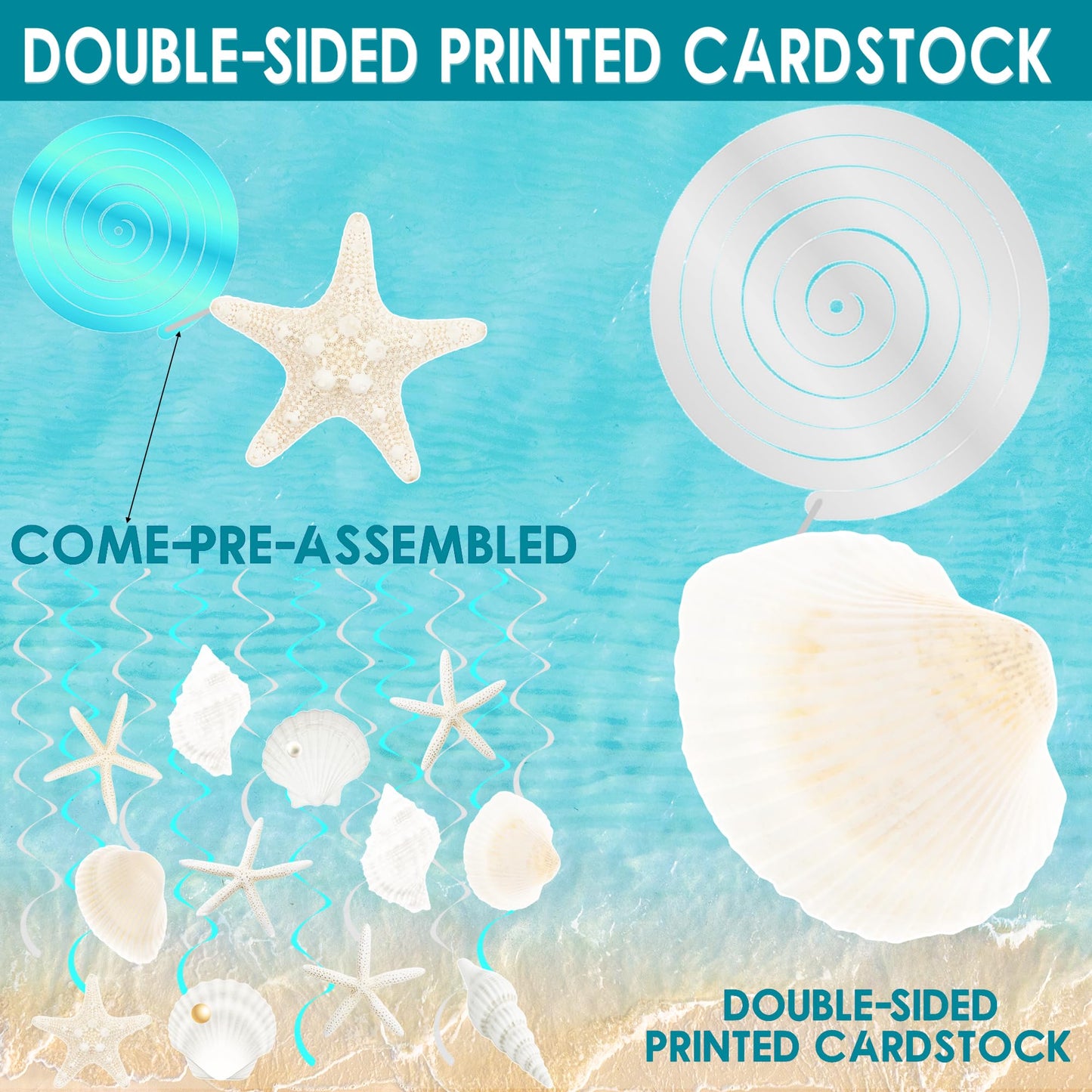 Seashell Hanging Swirls 21Pcs Coastal Beach Birthday Party Decoration Starfish Seashell Ceiling Swirls Decor Ocean Seashell Conch Cutout Hanging Streamers for Nautical Wedding Party Supplies