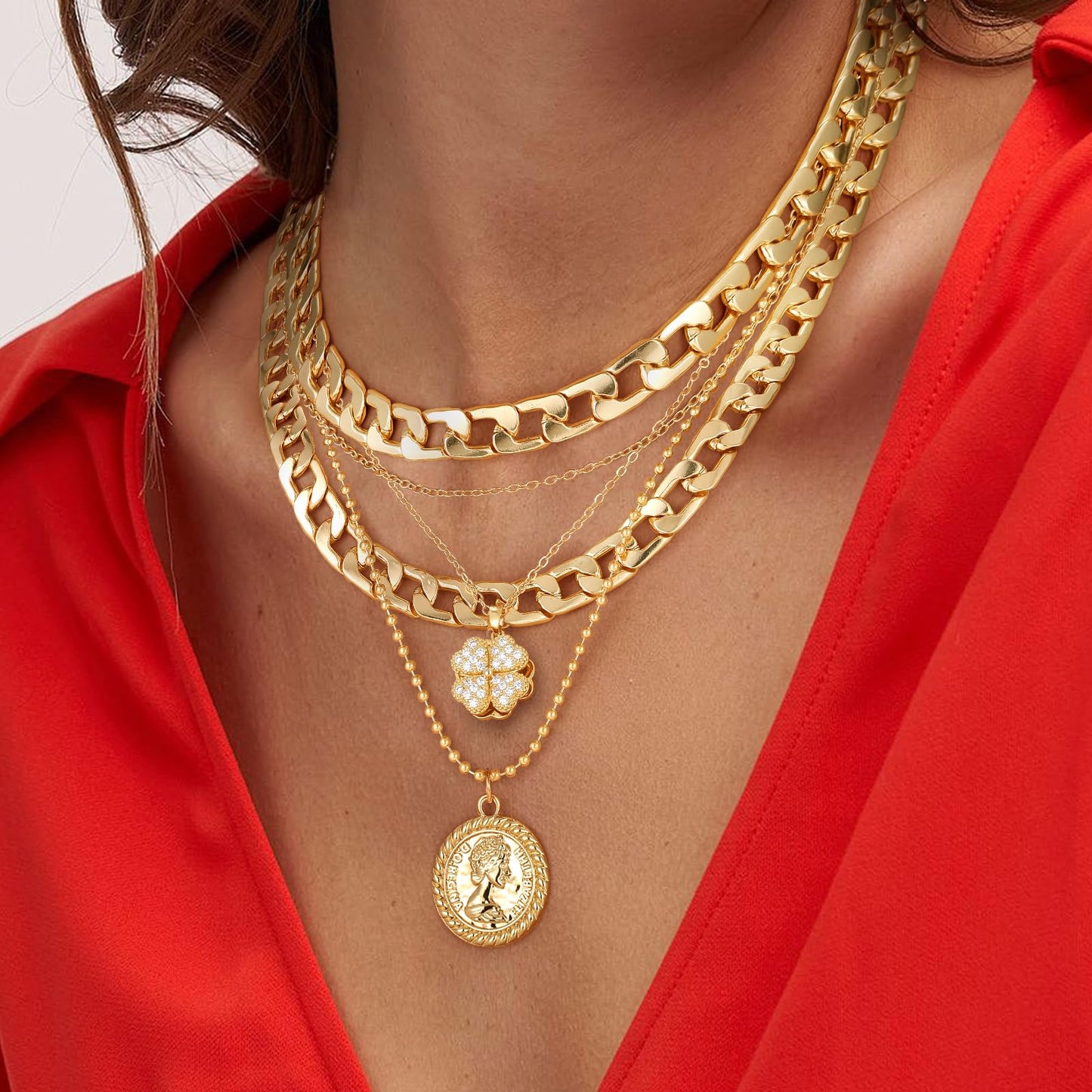 MJartoria Gold Layered Necklaces for Women Trendy Retro Coin Pendant Necklace Dainty Chunky Chain Choker Necklaces for Jewelry Birthday Gifts (Gold, A-Z-Rotatable Clover-5 in 1 Layered)
