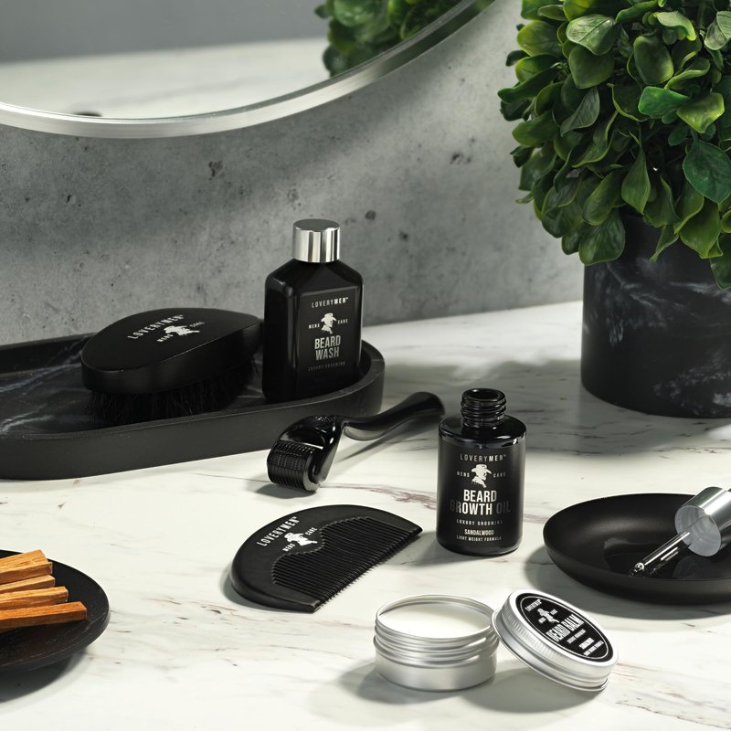 LOVERY Gifts for Him - Beard Grooming Kit - Includes Beard Oil, Beard Balm, Beard Wash, Comb, Brush & more– Mens Gifts for Him, Boyfriend, Husband, Dad - Sandalwood Beard Kit