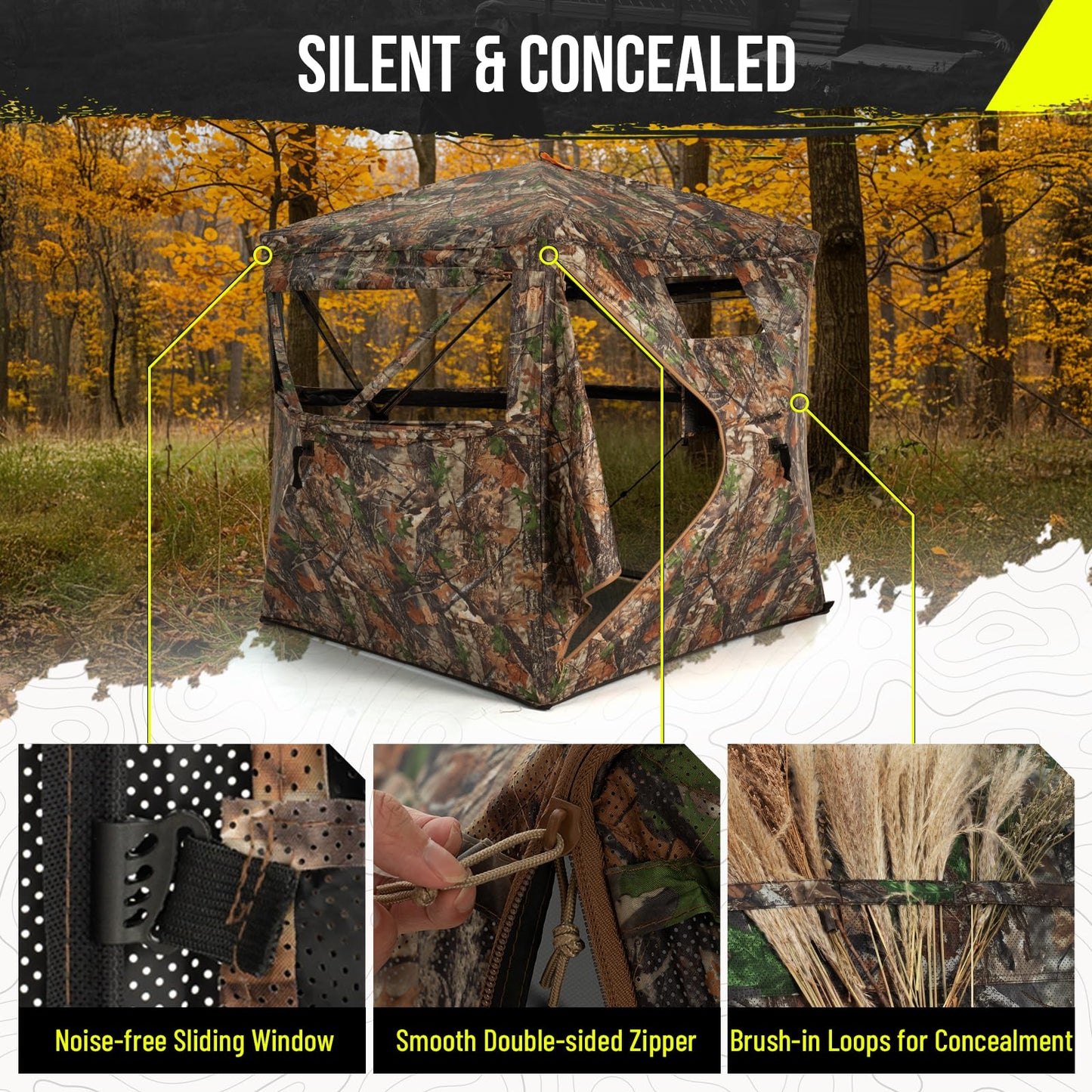 HUNTSEN 360 Degree See Through Hunting Blind with Double Open Door - Lightweight Soft Material Portable Pop Up Ground Blind - 2-3 Person Concealed Camouflage Tent with Carrying Bag for Deer & Turkey