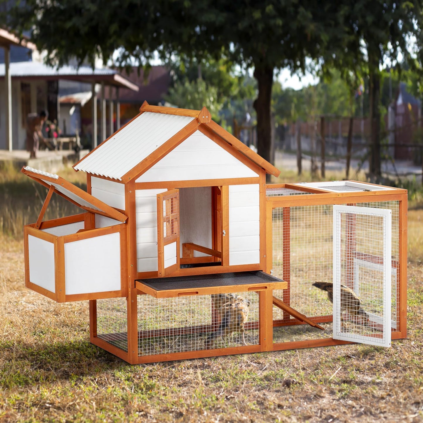 Chicken Coop with Nesting Box and Run, Wooden Outdoor Hen House, Chicken House with Ramp, 5 Access Doors, Removable Tray and Galvanized Wire for Backyard Poultry, Rabbit Hutch