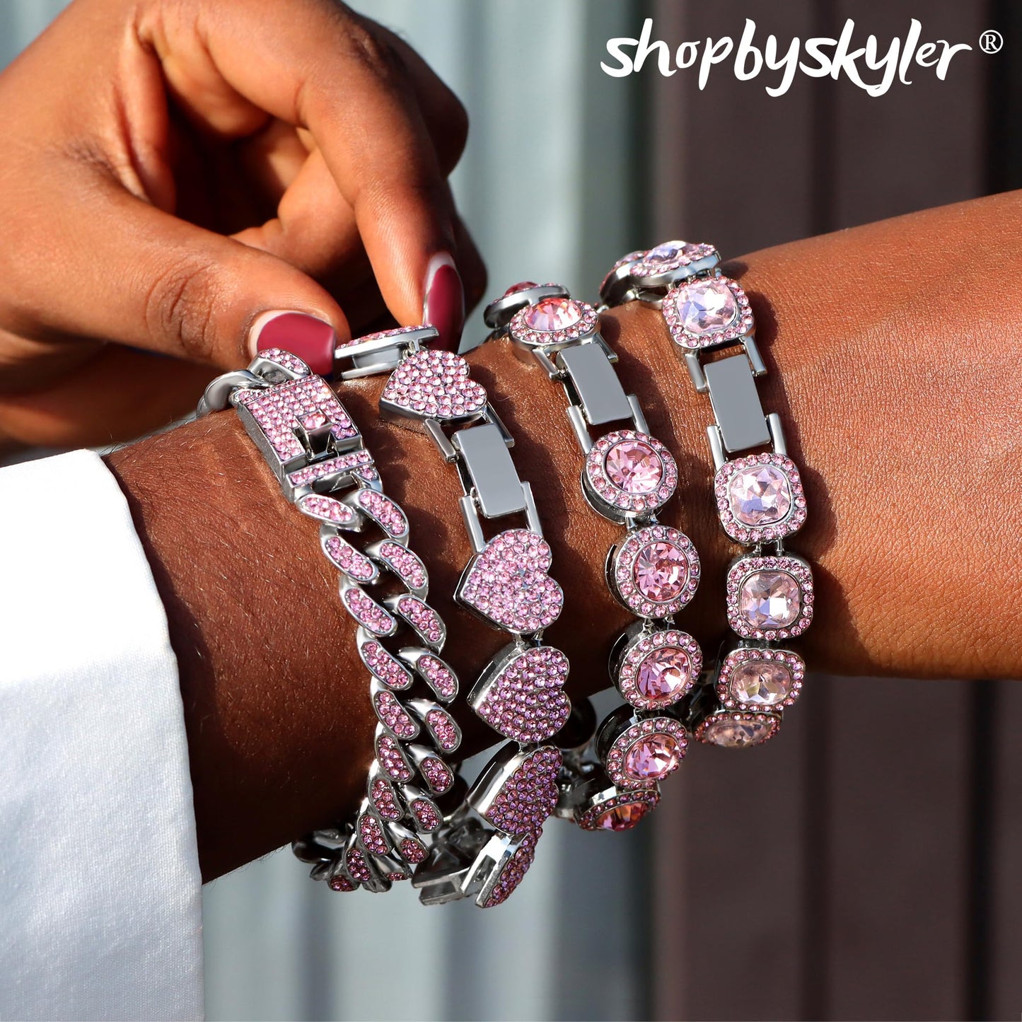 shopbyskyler 4PCS Gold Bracelets for Women Silver Clustered Tennis Bracelet for Women Heart Round Diamond Cuban Bracelet Layered Link Bracelet Set Fashion Jewelry for Women Set (Pink, 8inch)
