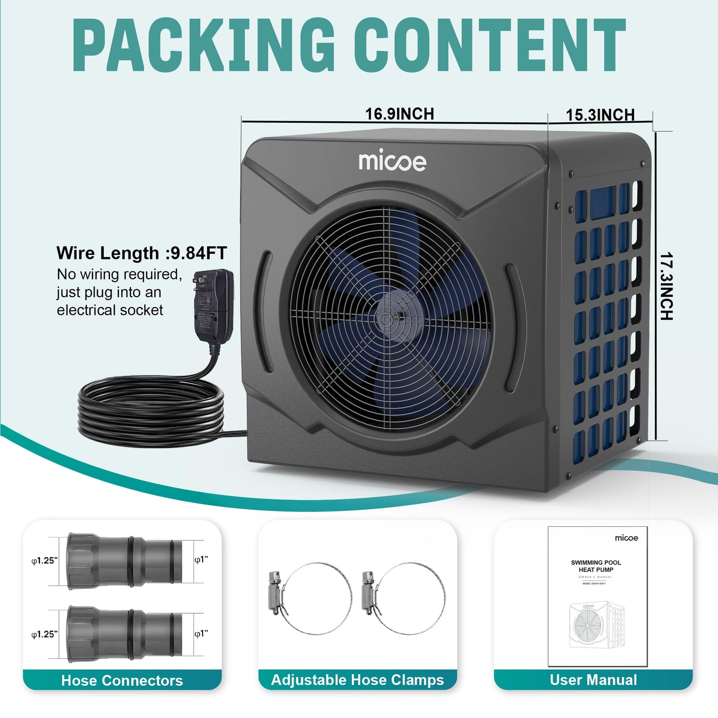 MICOE 17000 BTU Pool Heater for Above Ground, Swimming Pool Heat Pump Heating or Cooling, Titanium Heat Exchanger，Ultra Quiet 50dB, 120V with Easy Install Kit