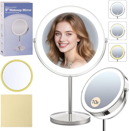 9" Magnifying Mirror with Light 1X/10X, Makeup Mirror with Light includes small mirror, 2000mAh Rechargeable, 360° Rotation, 3 Color Modes, Double-Sided, Ideal for Eyebrows, Lenses & Skincare
