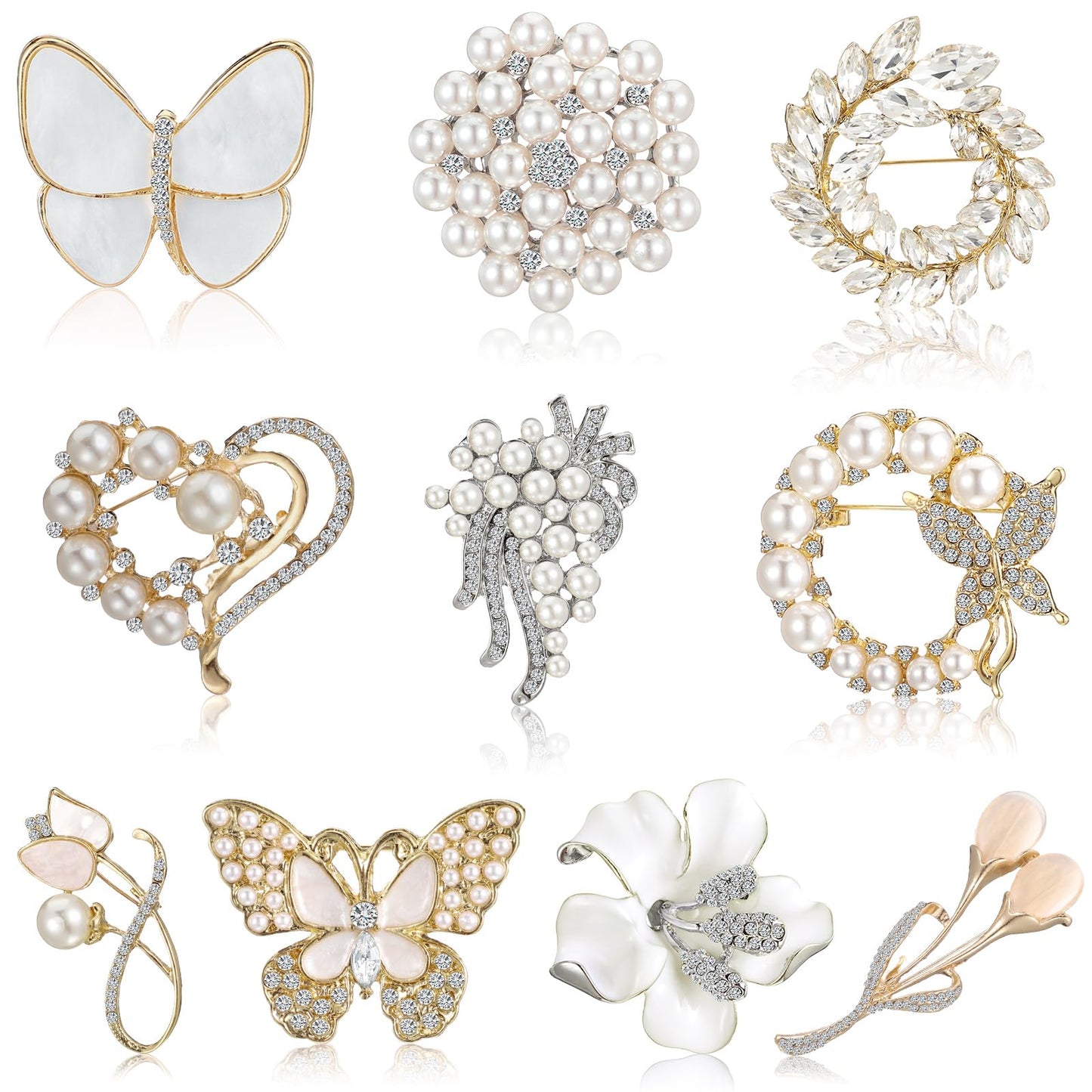 Loetere 10 Pcs Brooches for Women Pearl Rhinestone Butterfly Bouquet Brooch Pin Bulk Elegant Crystal Lily Flower Pin Gifts for Wedding Bridal Dress Corsage Coats Jackets Sweaters Clothing Accessories