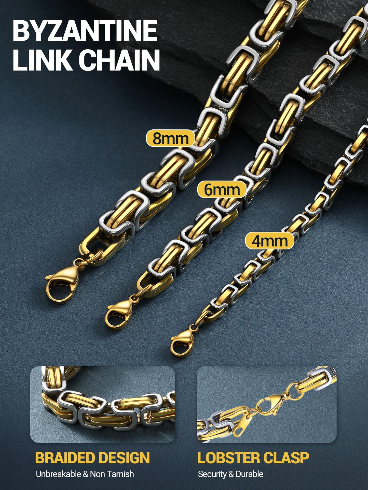 PROSTEEL Stainless Steel Byzantine Chain Necklace For Men Chunky Chains