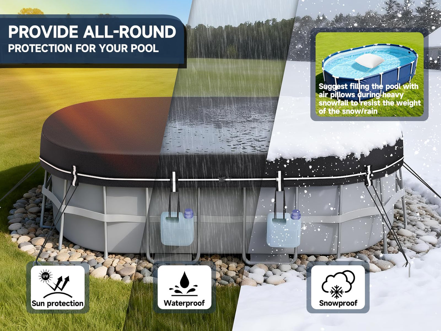 LXKCKJ 7X10 FT Rectangular Pool Covers for Above Ground Pools, 420D Solar Oval Pool Cover with Accessories Set, Integrated Design Pool Tarpaulin Ideal for Waterproof, Dustproof, Windproof