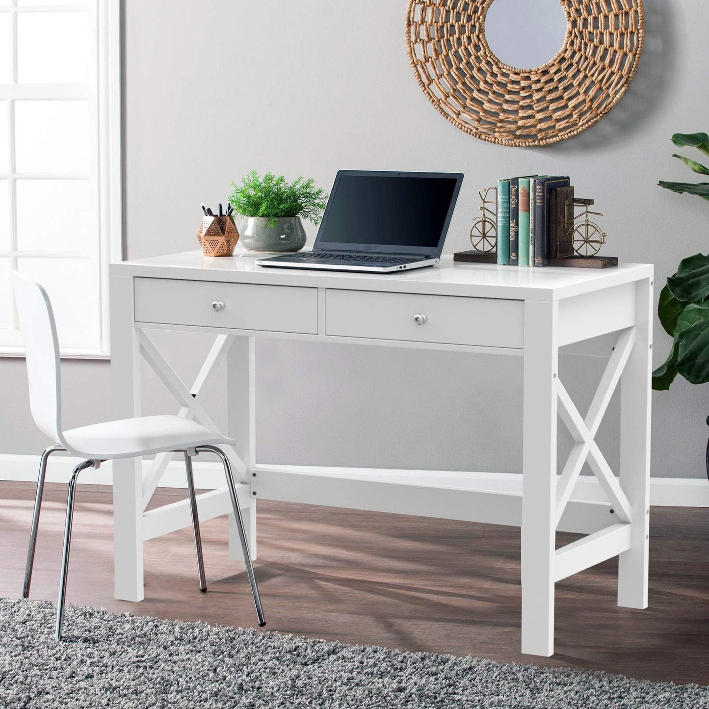 ChooChoo Computer Desk Study for Home Office, Modern Simple 40 Inches White Desk with Drawers, Makeup Vanity Console Table