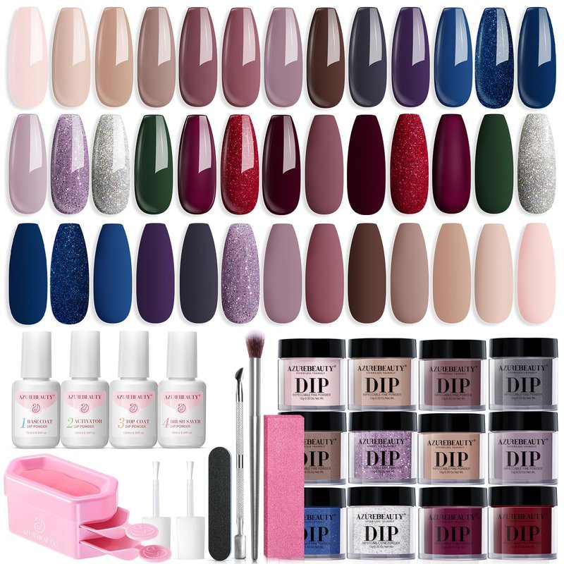 AzureBeauty Dip Powder Nail Kit Starter 20 Colors Nude Brown Glitter Purple Blue Dipping Powder Liquid Set with Top/Base Coat Activator for French Nail Art Manicure DIY Salon Gifts for Women