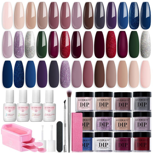 AzureBeauty Dip Powder Nail Kit Starter 20 Colors Nude Brown Glitter Purple Blue Dipping Powder Liquid Set with Top/Base Coat Activator for French Nail Art Manicure DIY Salon Gifts for Women