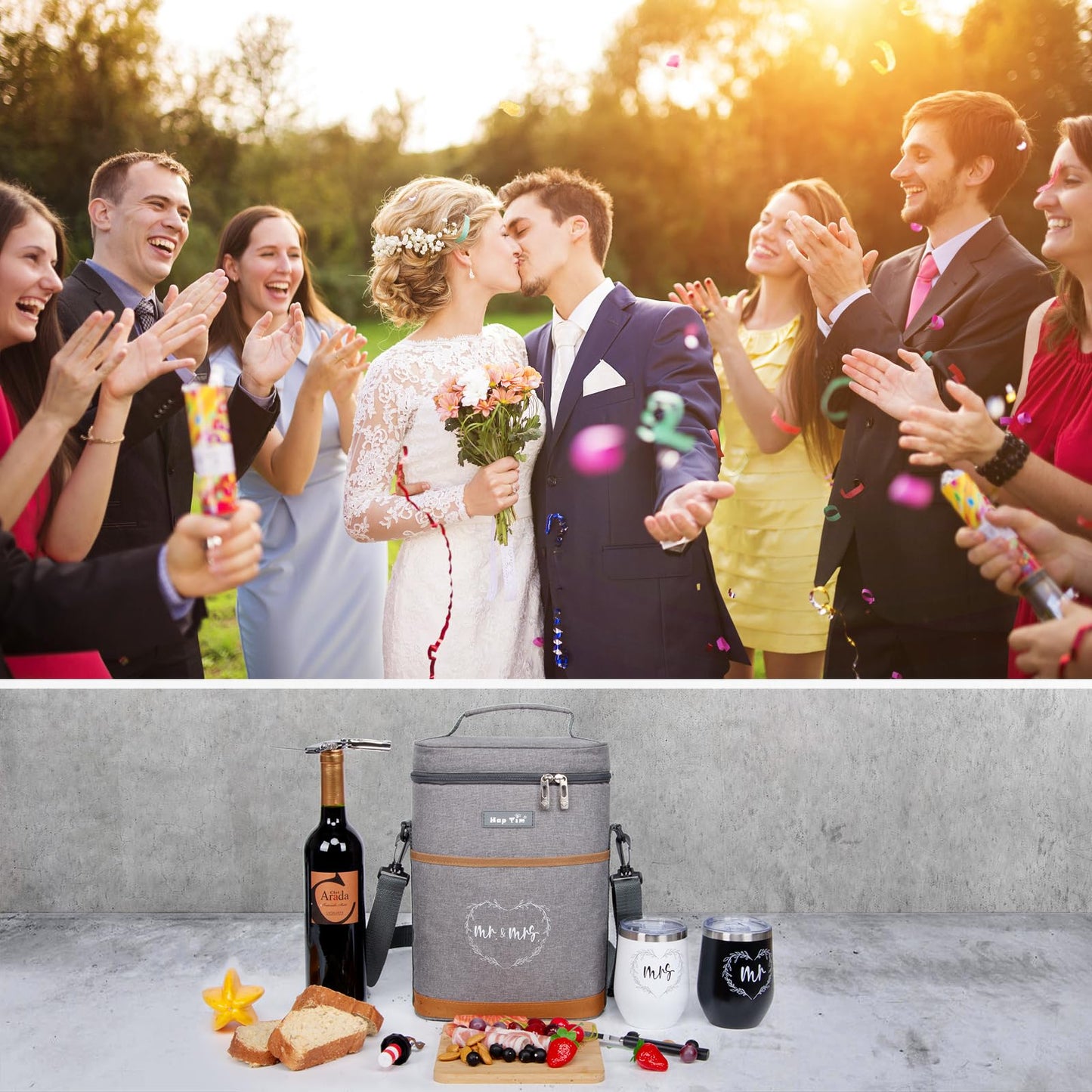 Hap Tim Wedding Gifts for Couples, Bridal Shower Gifts, Engagement Gifts for Newlyweds, Mr and Mrs gifts - Wine Cooler Bag Insulated Wine Carrier Tote with Tumblers, Bamboo Cheese Borad (13624-G2)