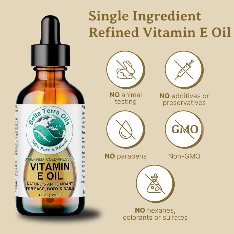 Bella Terra Oils Natural Vitamin E Oil 4oz – Wheat Germ Derived Vitamin E Oil for Soft, Healthy-Looking Skin