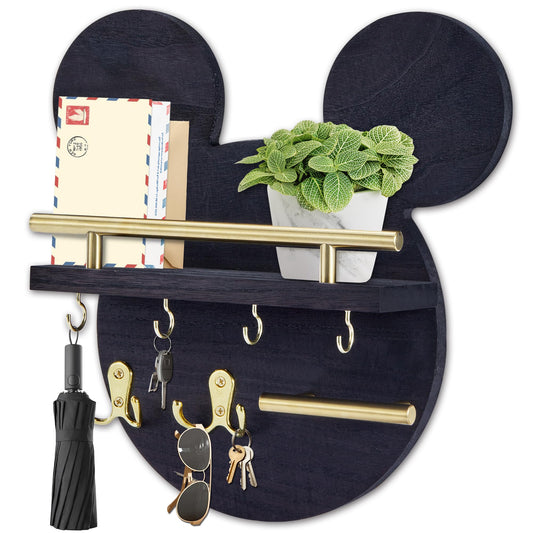 AIRPOP Key Holder for Wall–Mouse Wooden Mail Organizer Wall Mount with Shelf and 6 Hooks, Easy Installation Key Rack Hanger for Entryway Living Room Home Decor (Black)