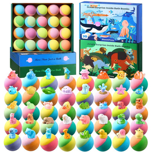 40 Kids Bath Bombs with Surprise Inside, Ocean & Jungle Animal Toys Gift Set with Natural Child-Safe Ingredients, Travel-Friendly Bath Bombs for Boys and Girls, Great for Birthdays, Christmas & Easter