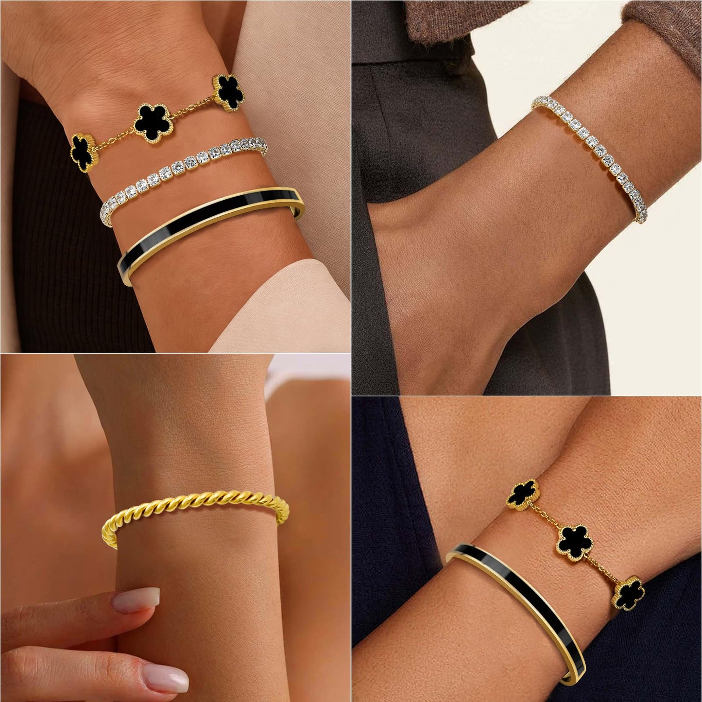 MOINSPIRE 18K Gold Plated Bracelets for Women, Stainless Steel Four Leaf Clover Tennis Nail Love Bangle Bracelets Set, Trendy Stackable Twist Cuff Bracelet Non Tarnish Jewelry Gifts for Christmas