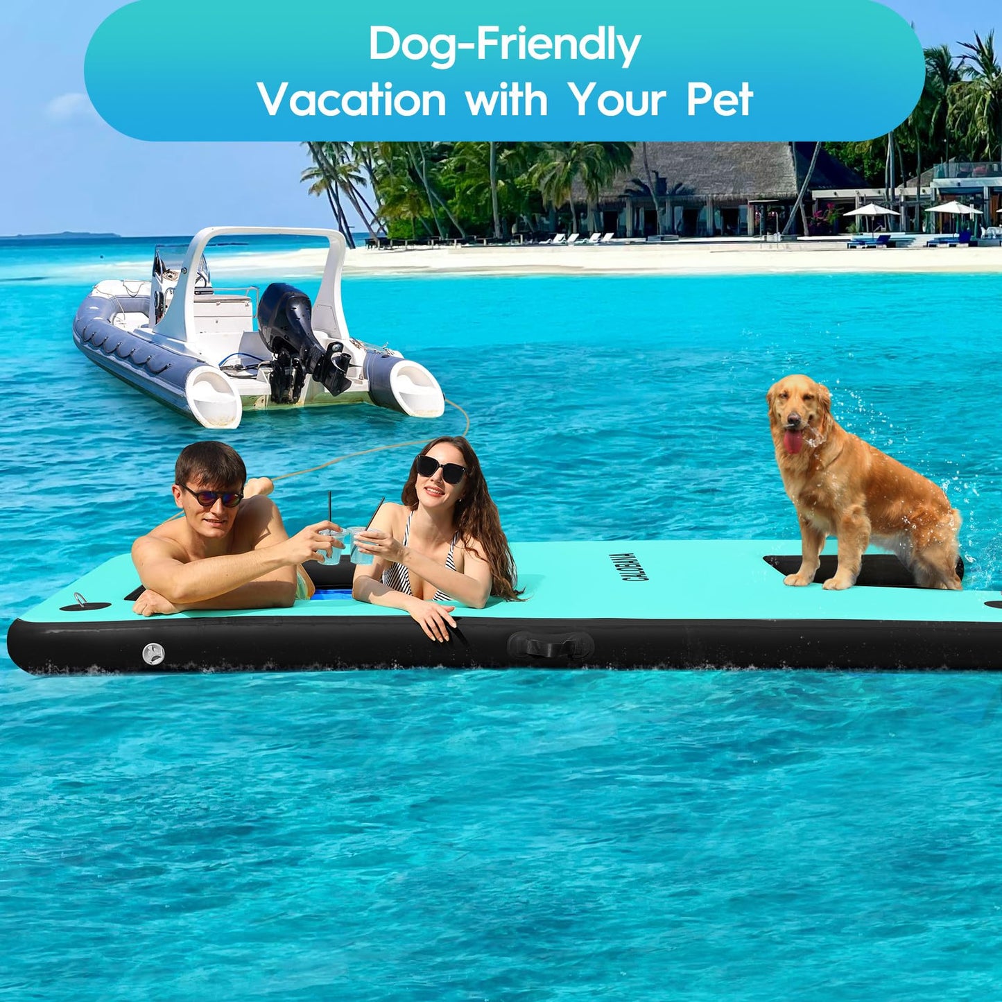 CALOBANA Inflatable Floating Dock with Boat Ramp,Lake Floats with Mesh,Tanning Pool Lounger Water Hammock for Family Party Pool Sea River Dock Boat,Mint Green+Black+Blue