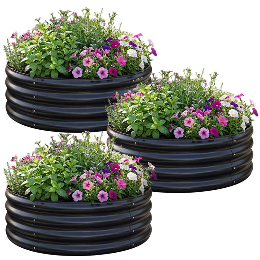 AHEONLAR 3 Pack 2x2x1 ft Round Galvanized Raised Garden Bed Kit Round Metal Flower Box Large Planter Raised Beds Outdoor Garden for Planting,Fruit,Herb Black