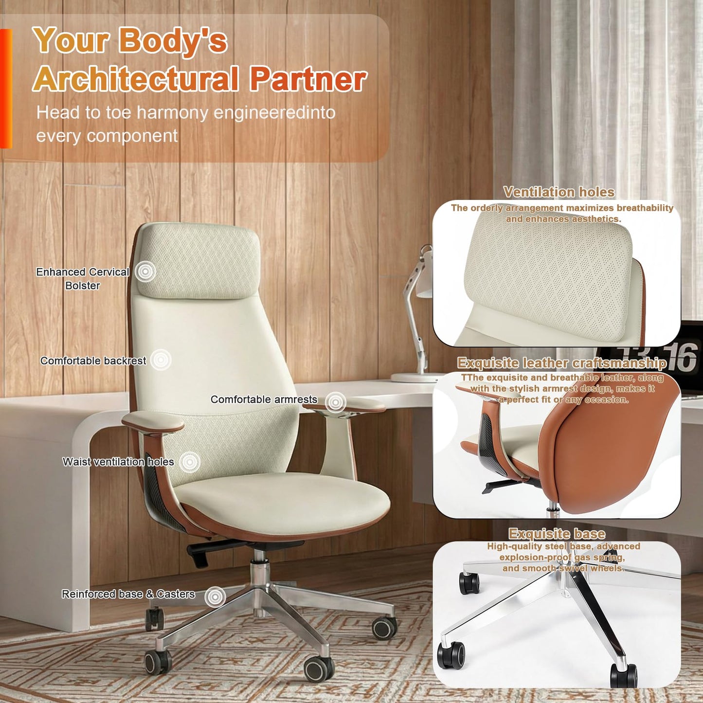 FurniBaron Genuine Leather Office Chair, Big and Tall Executive Office Chair with Adjustable High Back and Lumbar Support, 400lbs Heavy Duty Design with Wheels (White)