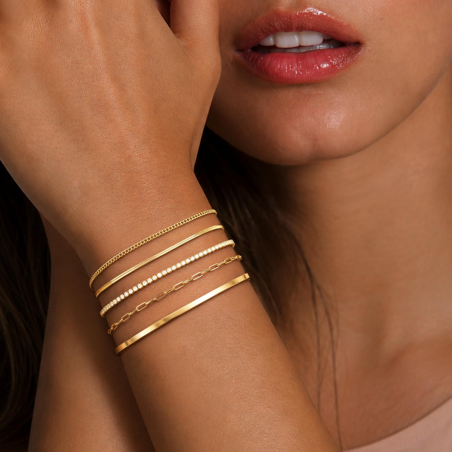 Gold Bracelets for Women 14K Gold Plated 5Pcs Dainty Bracelet Set - Waterproof Tarnish Free Stainless Steel Jewelry - Quiet Luxury Stackable Paperclip Herringbone Cuban Tennis Cuff Chain Gifts