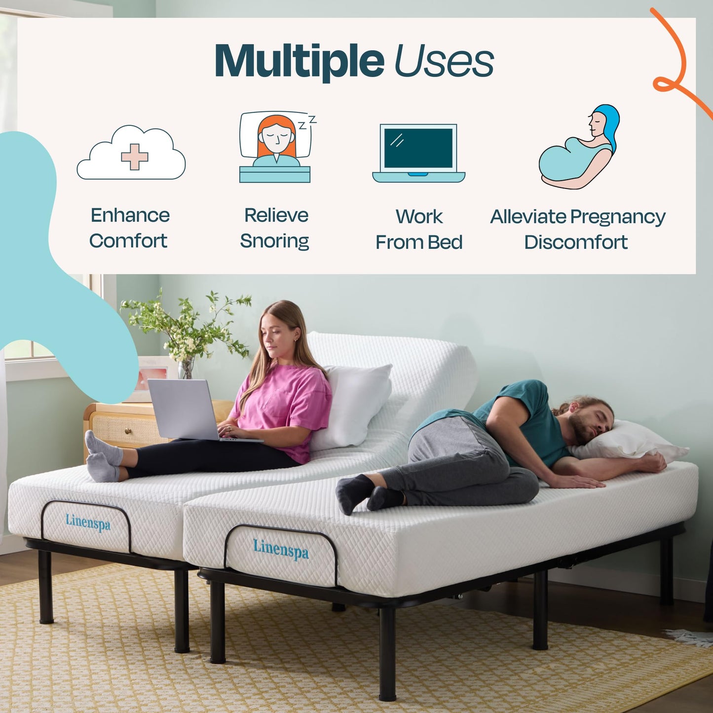 Linenspa Adjustable Bed Frame - Independent Head and Foot Incline - Powerful Quiet Motor - Easy Toolless Assembly - Lounge - Watch TV - Working - Reading - Ergonomic - Electric Bed Base - Queen Size