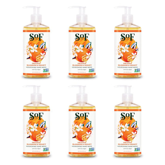 SoF Nourishing Hand Wash - With Moisturizing Sea Algae, Coconut & Olive Oil- Vegan & Non GMO- Free From Phthalates, Sulfates & Parabens- Orange Blossom & Honey - 8 oz Bottle 6 Pack