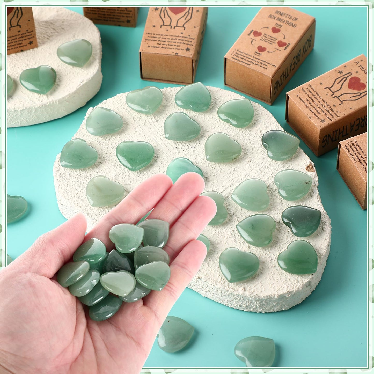 Landical 50 Sets Mother's Day Pocket Hug Token Gifts Bulk Little Heart Rocks Small Crystal Heart Stones Bulk with Boxes for Birthday Party Colleagues Family Celebration of Life Gifts (Green)