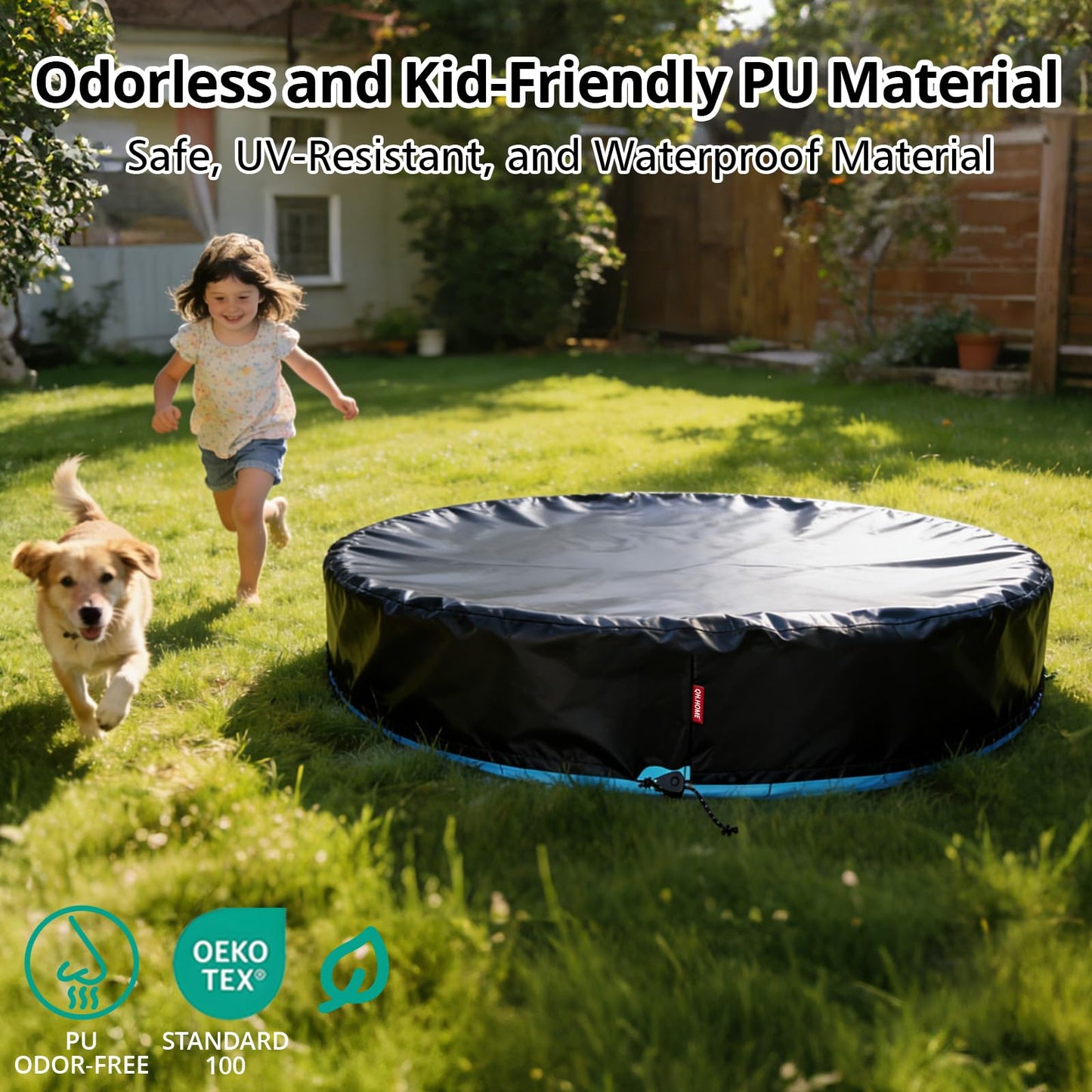 QH.HOME 63-64 inch Kiddie Pool Cover Round, Collapsible Dog Pool Cover with Super Windproof Ratchet Design, Odorless Waterproof Fabric Material and - Only Cover