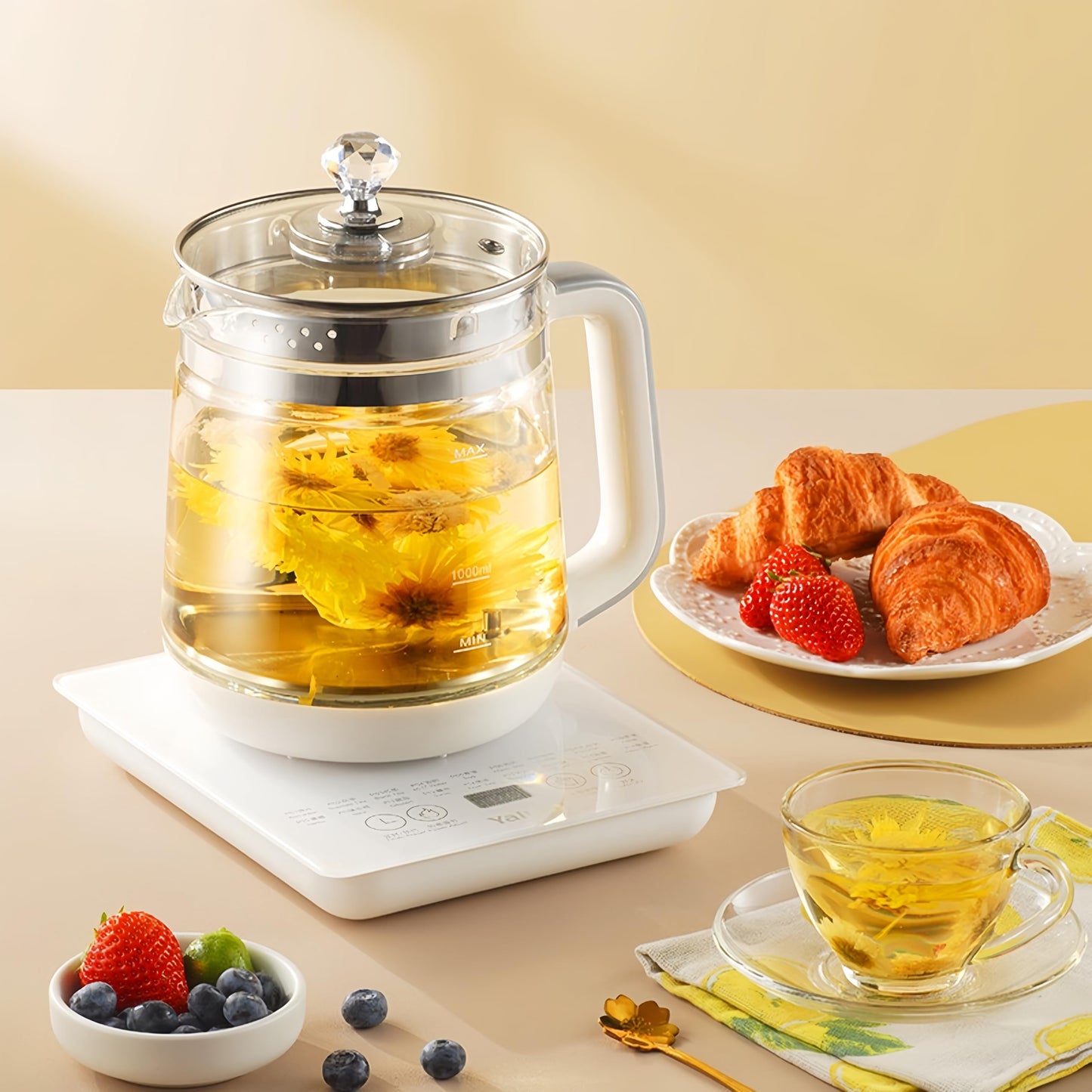 Electric Kettle,110V 1.8L/ Household Electric Health Pot with Egg Rack & Tea Infuser, 12 Functional Procedures for Fruit, Flower Tea, Touch Control Smart Glass Water Boiling with Adjustable Temp.