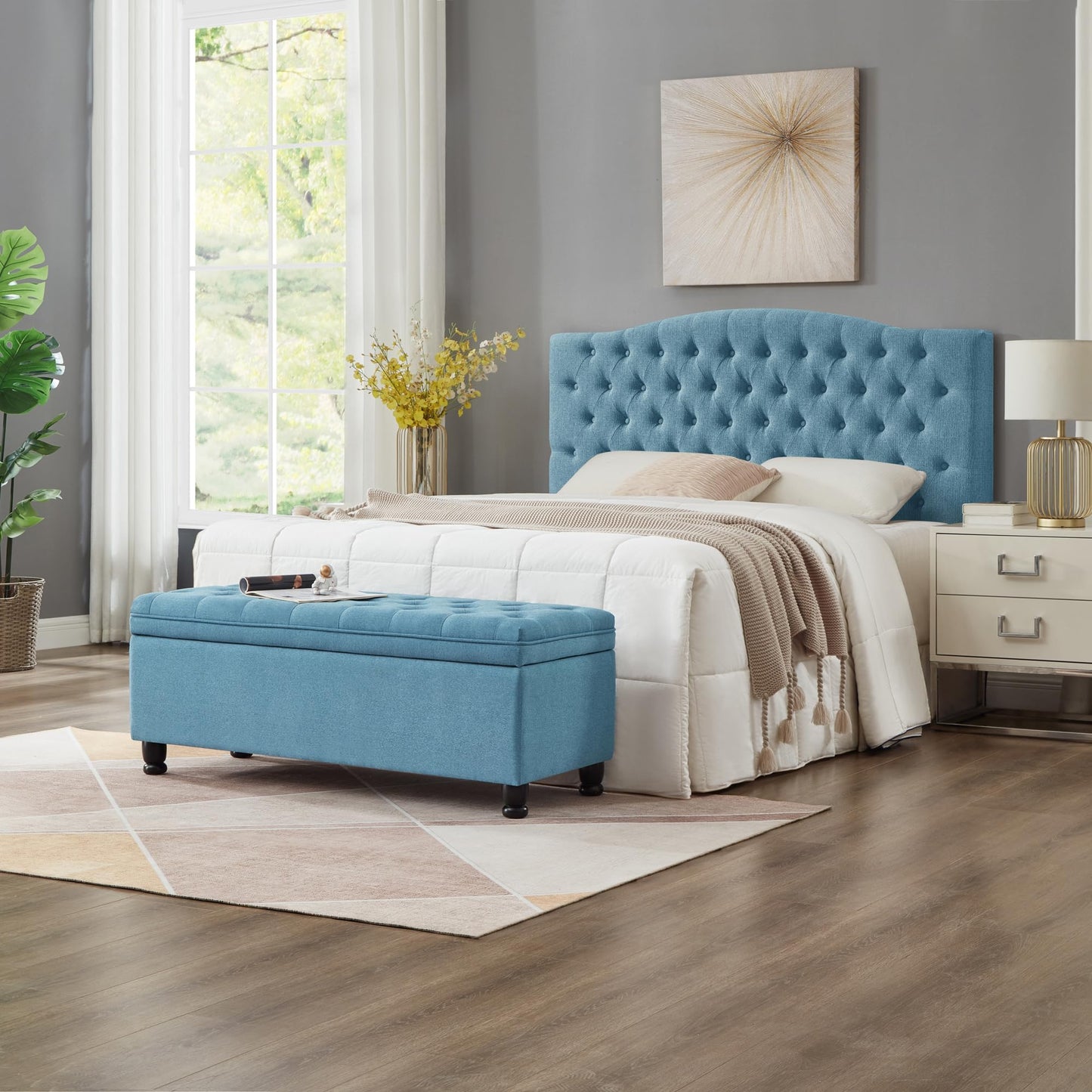 ACQCA Upholstered Ottoman with Storage,Entryway Bench with Tufted Buttons and Spindle Wooden Legs for Living Room,Bedroom,Light Blue