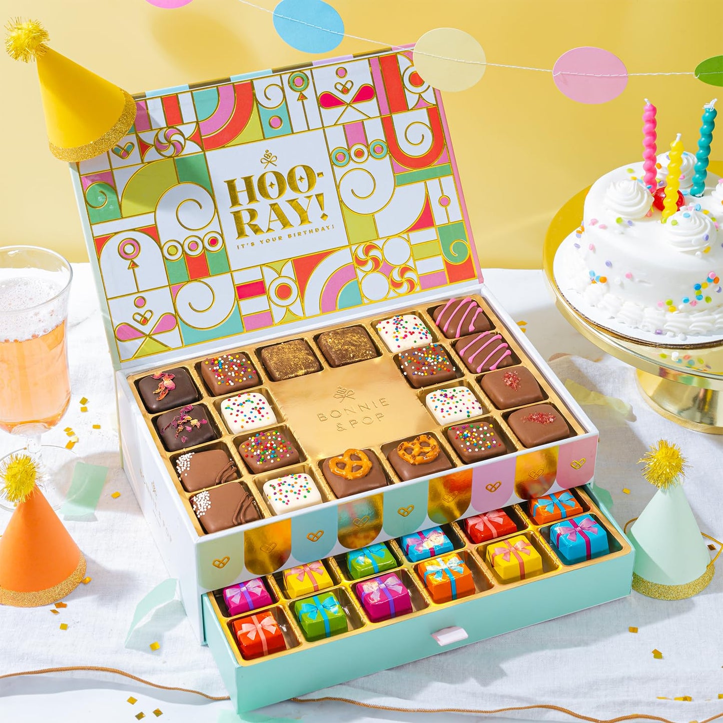 Birthday Gift Basket, Gourmet Candy Food Snack Box, Bday Him & Her, Men, Women, Family Party, Two-Tier Chocolate Gift Box with Assorted Belgian Truffles, 10+ Flavors, Bonnie and Pop (Birthday)