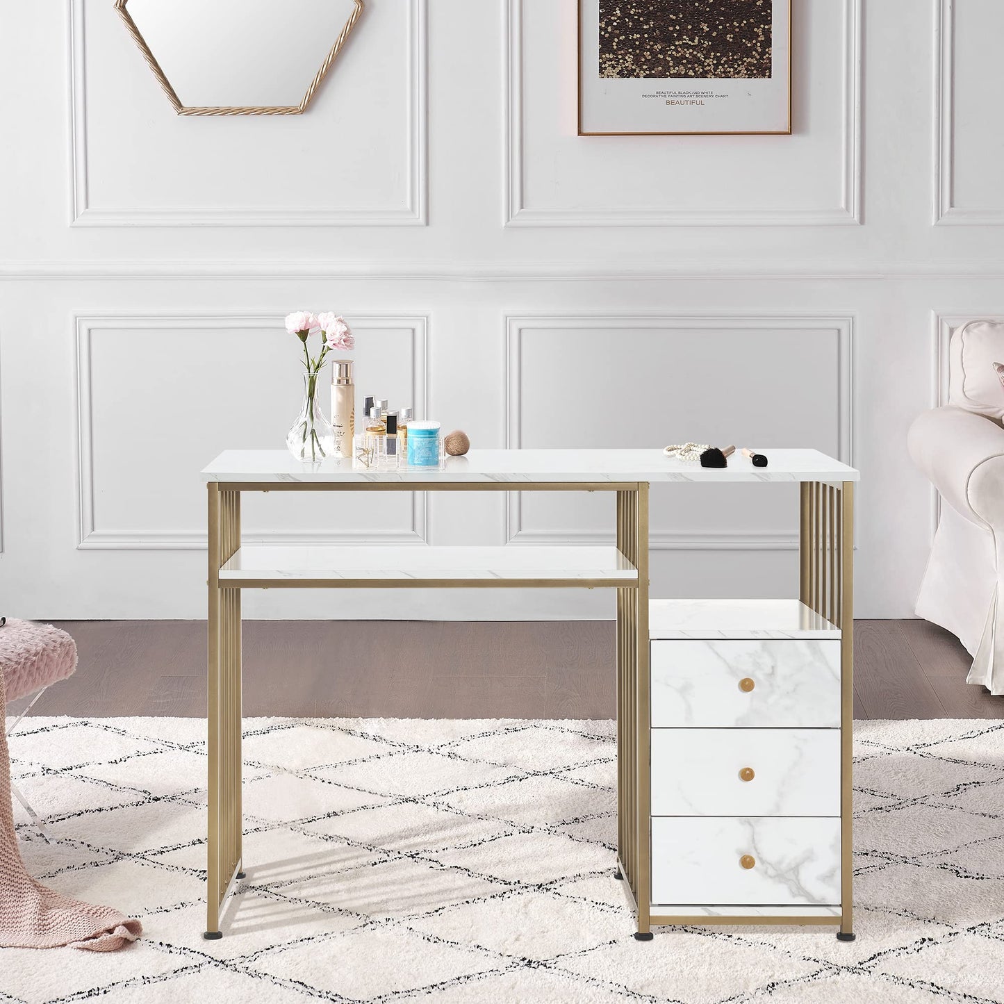 BarberPub Manicure Table for Nail Tech, Golden & Marbling Texture Nail Desk with Storage Drawers and Shelf, Home Salon Spa Equipment, Beauty Nail Table with Metal Frame 2407
