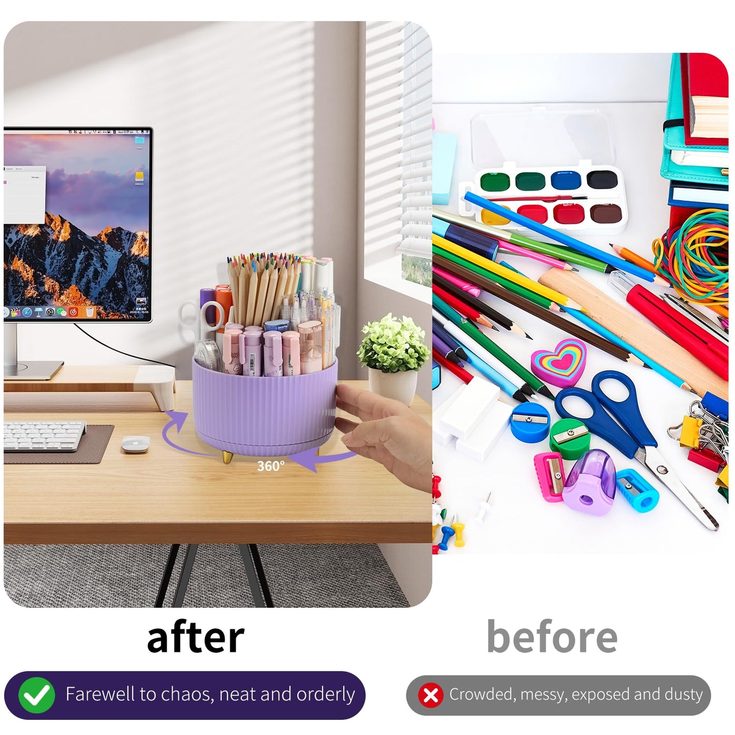 Camelmother Pen Holder For Desk With 5 Slots 360°Rotating Pencil Holder Makeup Organiezr Teacher Supplies Office decor (purple)