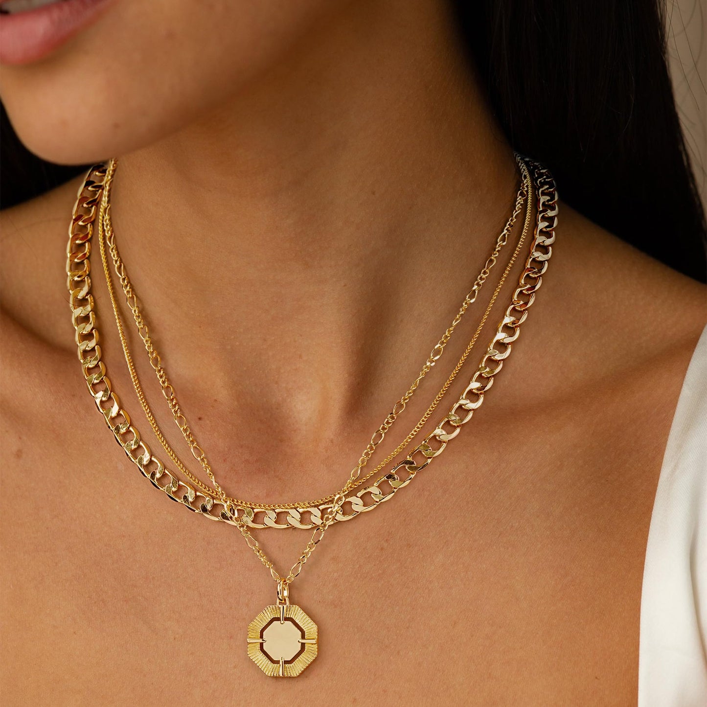 YOIHUR Layered Gold Necklaces for Women,14K Gold Plated Cuban Chain Trendy Layering Hexagonal Pendant Choker Necklace Set Jewelry for Women