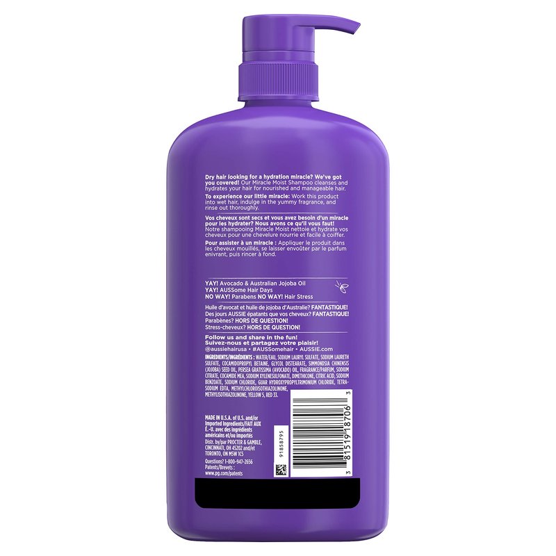 Aussie Miracle Moist Shampoo with Avocado & Jojoba for Dry Hair, Paraben-Free, 30.4 Fl Oz, (Pack of 4)
