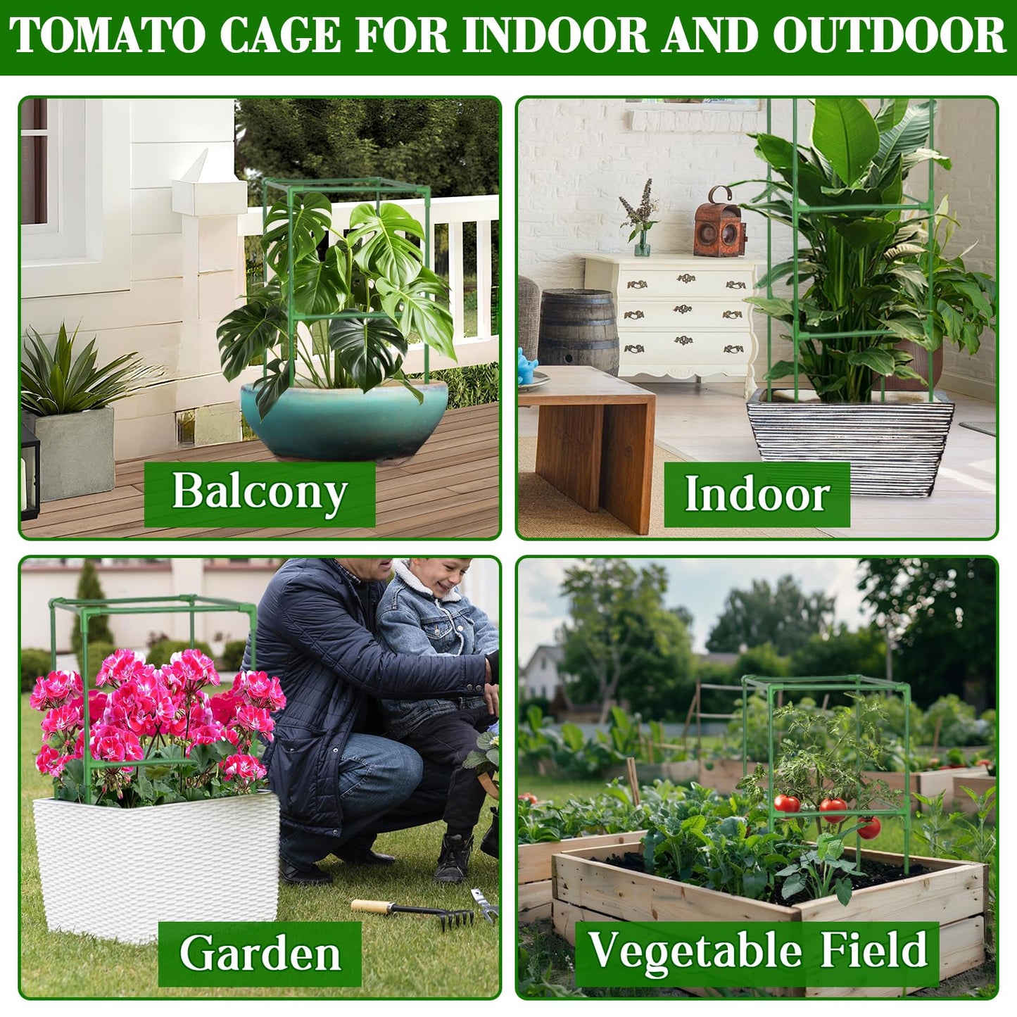ZeeDix Tomato Cages with Bird Netting Set - 4 Pack 60 Inches Heavy Duty Tomato Cages + 4 Pack 57 Inches Garden Mesh Barrier for Tomatoes Climbing Vegetables Flowers