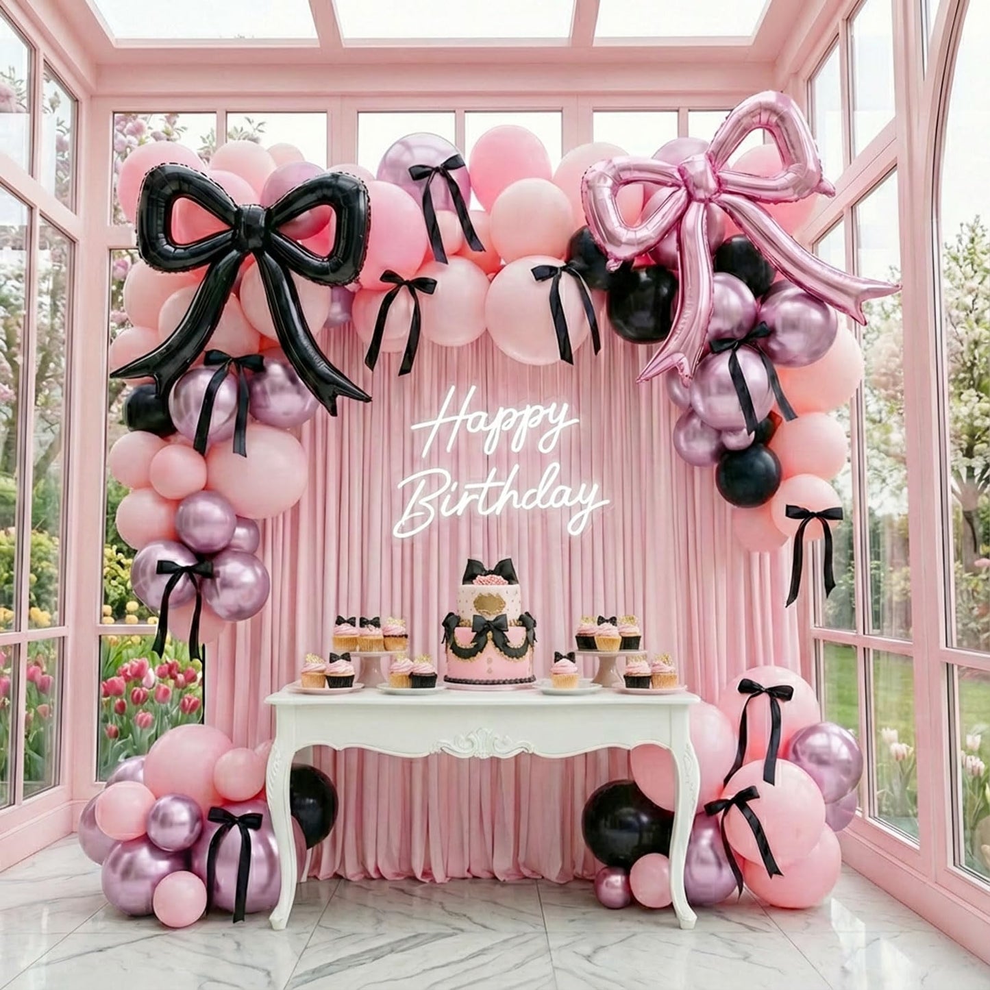 coquette birthday decorations 150pcs balloon garland arch kit with metallic purple pink black bow cake topper ribbon bow tie and mylar foil balloons for girls bachelorette party decorations