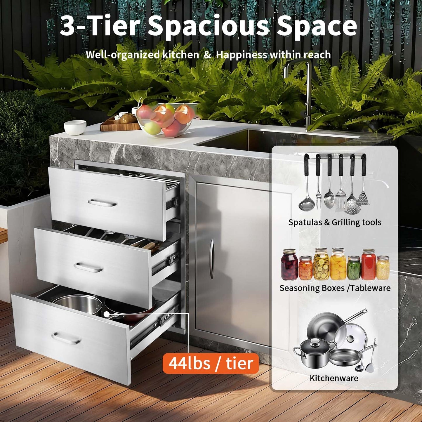 JIEJIN Outdoor Kitchen Drawers Stainless Steel Triple BBQ Island Drawer Flush Mount Outdoor Kitchen Cabinets with Handles with Wheels for Outdoor Kitchens or BBQ Island Patio Grill Station, Silver