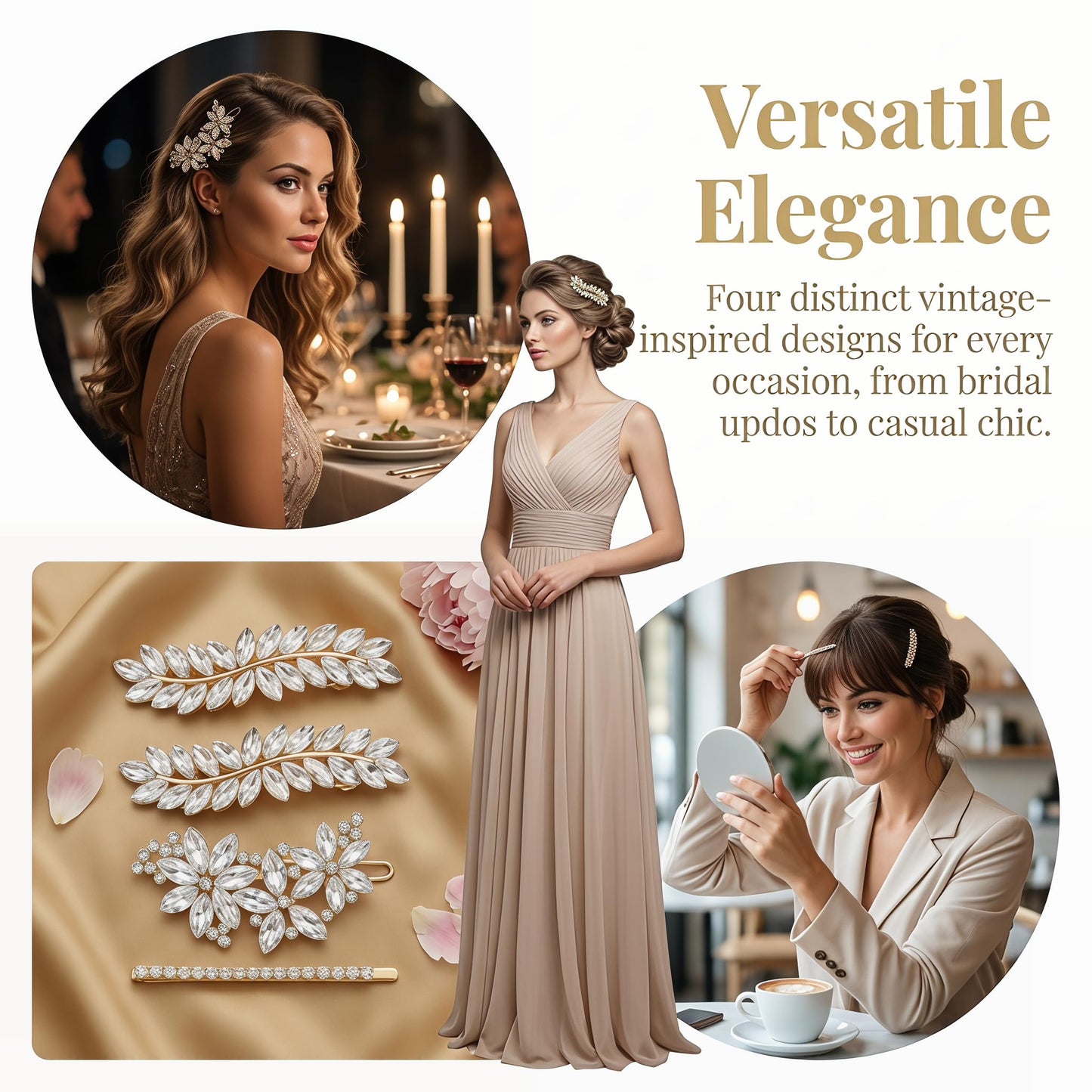 4 Pcs Rhinestone Hair Clips for Women Hair Barrettes Silver Hair Accessories Bridal for Wedding Party Everyday (Gold B)